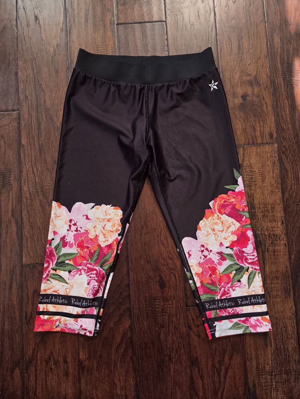 Rebel Athletic Cheer Black Capri Leggings with Pink & Cream Floral Size Adult M